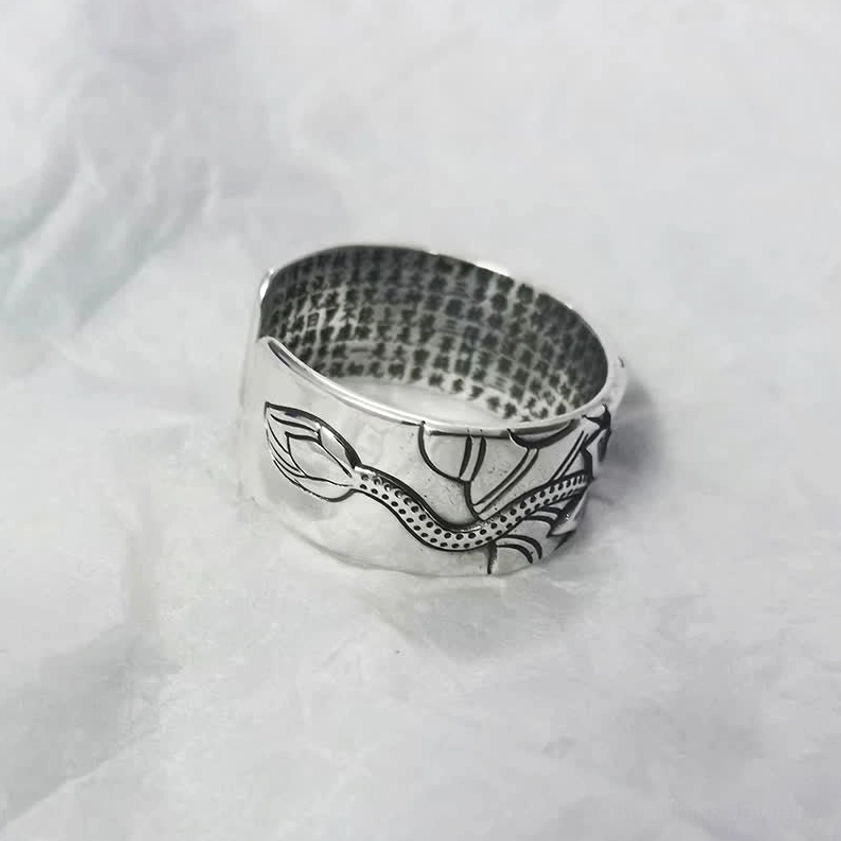Lotus Bud Sterling Silver Buddhist Ring – Hand-Engraved with Heart Sutra and Lotus Stem Motif