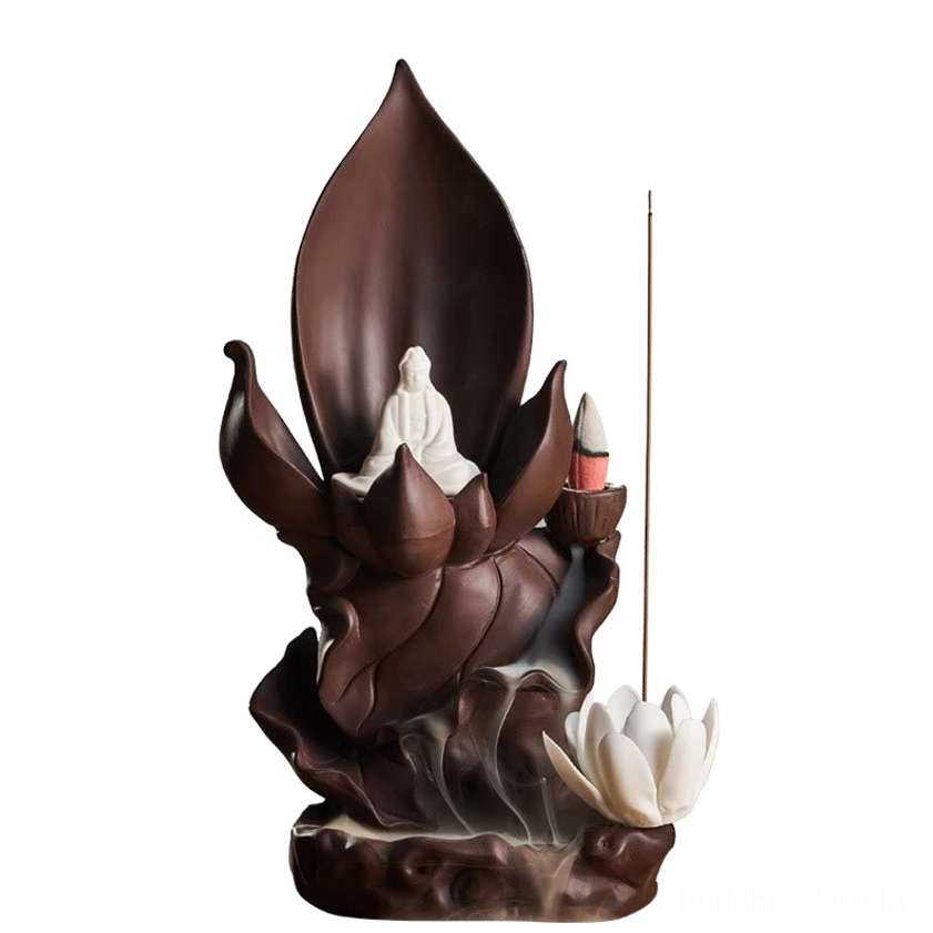 Lotus Buddha incense burner featuring backflow design for relaxation, meditation, and yoga practices
