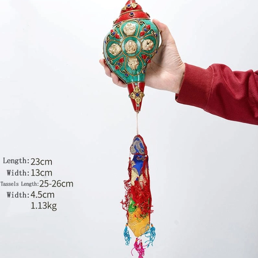 Lotus-Buddha handcrafted conch shell decoration symbolizing spiritual enlightenment with turquoise and copper inlay