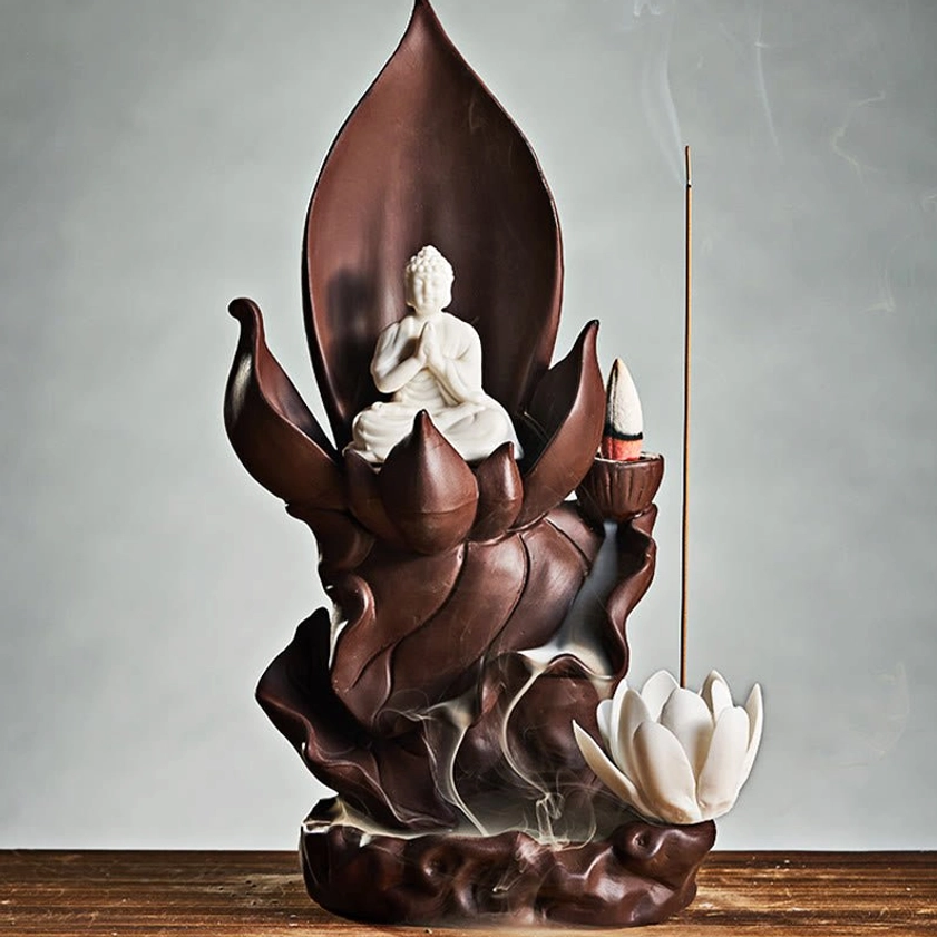 Purple clay Buddha incense burner with backflow smoke effect and incense stick placement demonstration