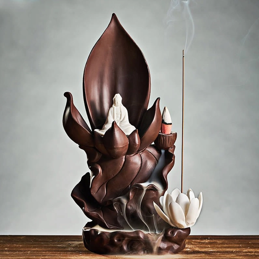 Buddhist meditation incense holder with Buddha figure and lotus symbolism for spiritual home altar setup