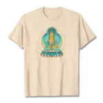 Lotus Buddha graphic beige cotton t-shirt flat lay front view crew neck short sleeves