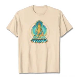 Lotus Buddha graphic beige cotton t-shirt flat lay front view crew neck short sleeves