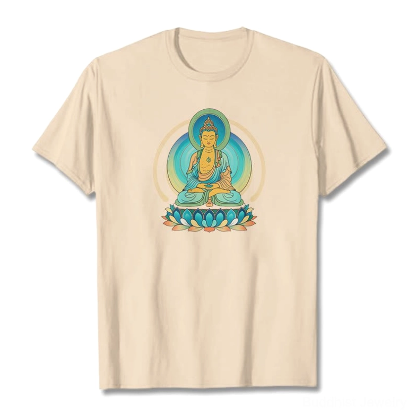 Lotus Buddha graphic beige cotton t-shirt flat lay front view crew neck short sleeves