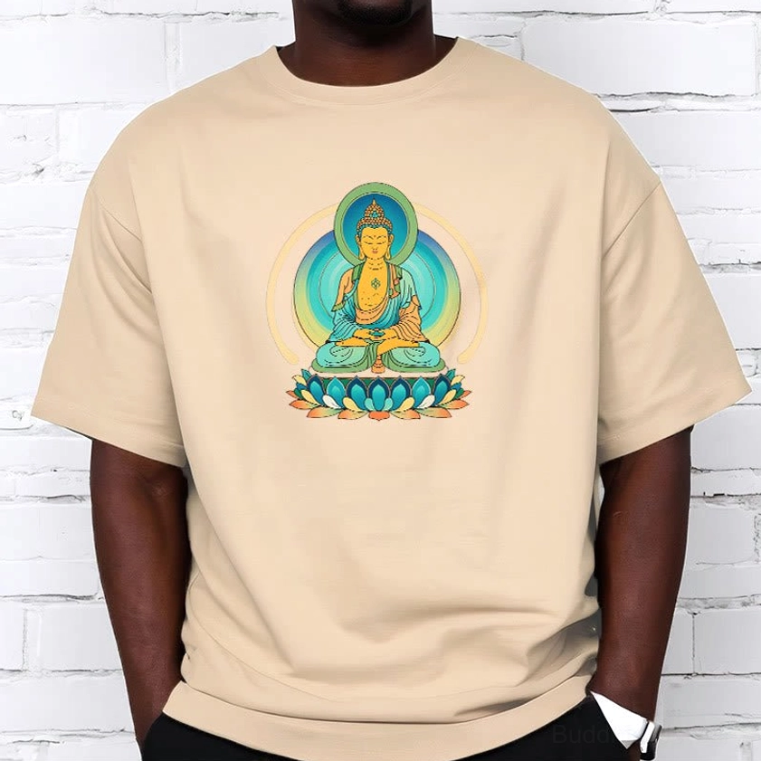 Male model wearing lotus Buddha graphic beige t-shirt indoor brick wall background