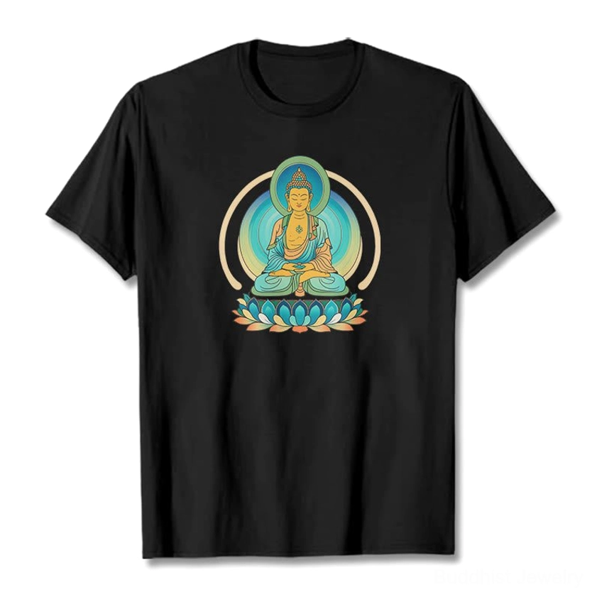 Lotus Buddha graphic black cotton t-shirt flat lay front view crew neck short sleeves