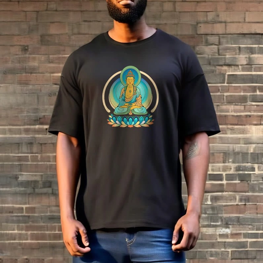 Male model wearing lotus Buddha black cotton t-shirt front brick wall background