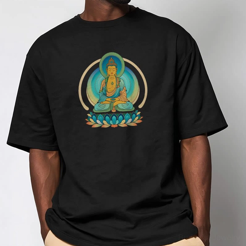 Male model wearing lotus Buddha black graphic t-shirt front view loose fit chest motif