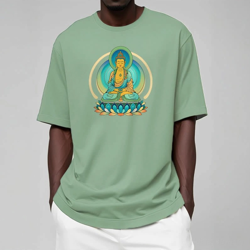 Lotus Buddha graphic cotton t-shirt fabric detail and print quality close-up