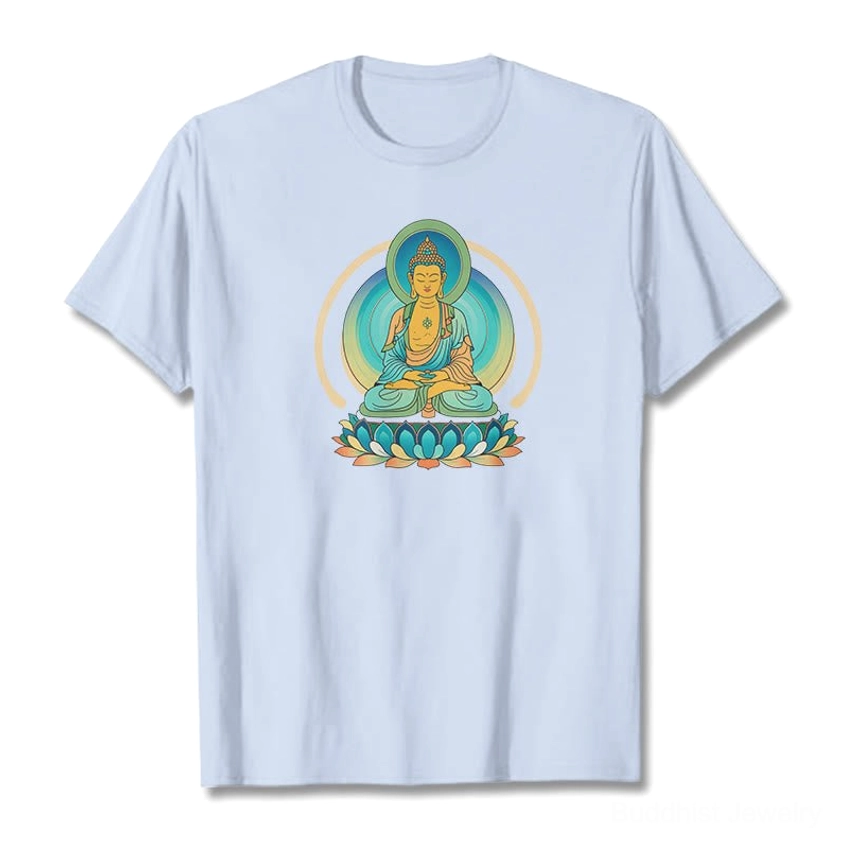 Lotus Buddha graphic light cyan cotton t-shirt flat lay front view crew neck