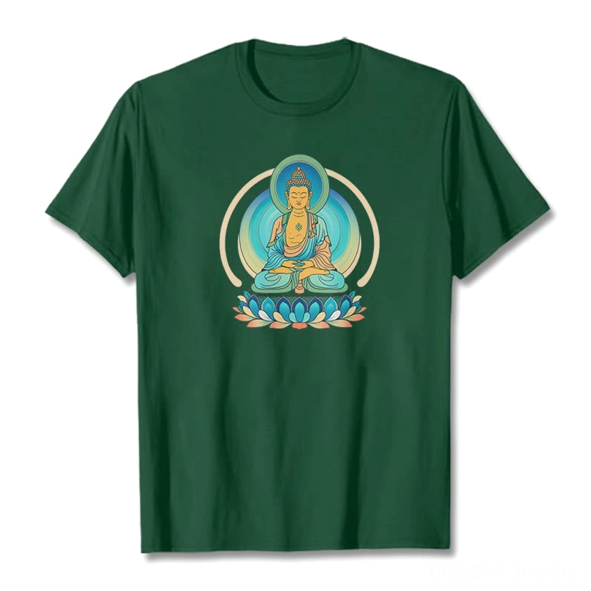 Lotus Buddha graphic light cyan cotton t-shirt flat lay front view unisex fit