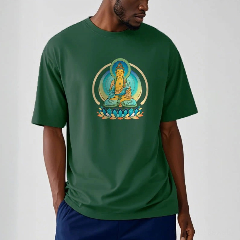 Male model wearing lotus Buddha light cyan graphic t-shirt front view relaxed fit