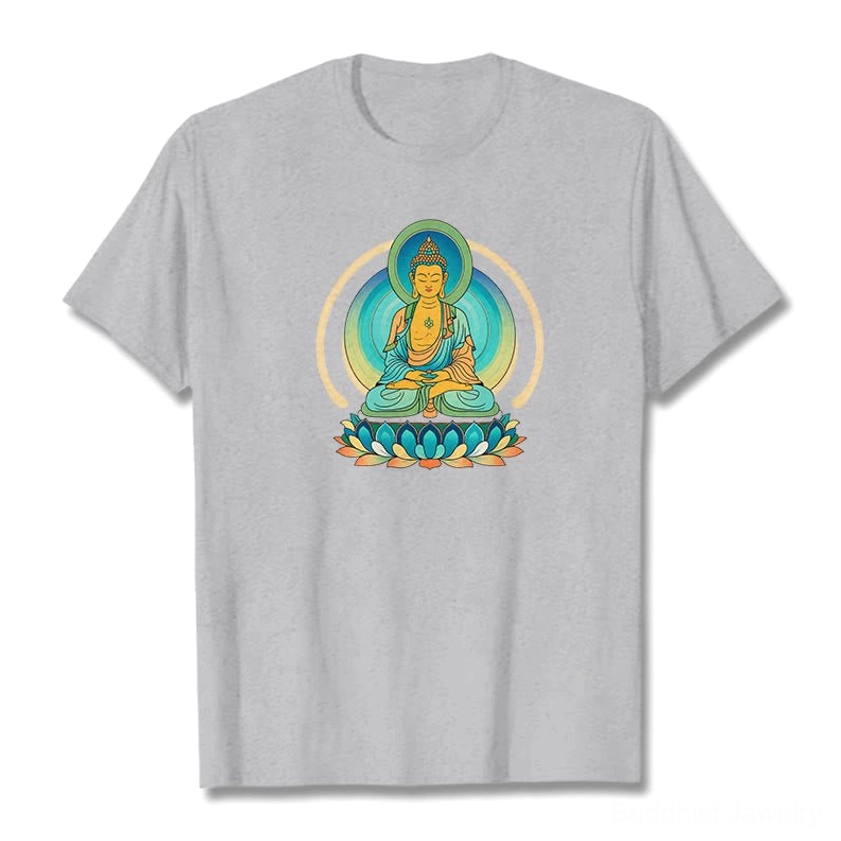 Lotus Buddha graphic light grey cotton t-shirt flat lay front view unisex