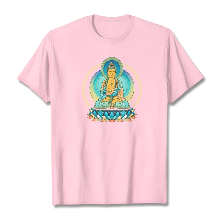 Lotus Buddha graphic light grey cotton t-shirt flat lay front view crew neck