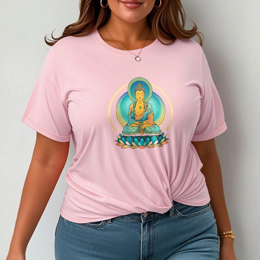 Male model wearing lotus Buddha light grey graphic t-shirt chest print design