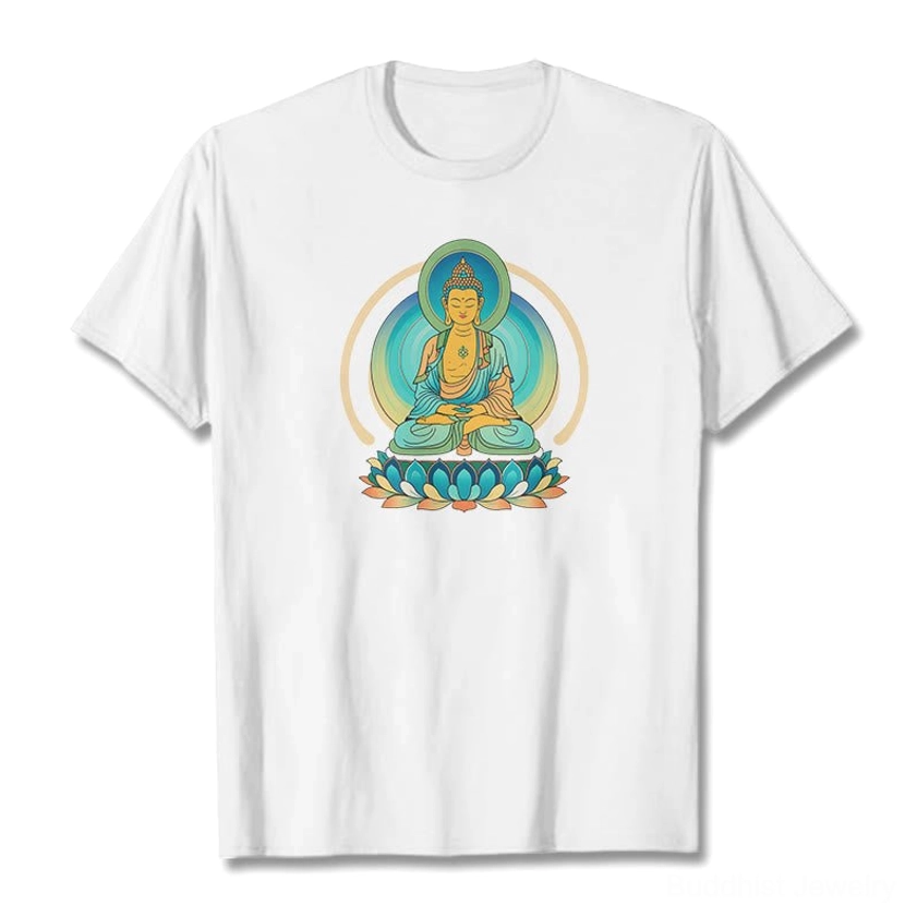 Lotus Buddha graphic white cotton t-shirt flat lay front view crew neck