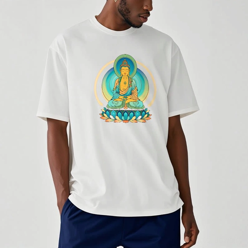 Male model wearing lotus Buddha white graphic t-shirt side front view relaxed fit