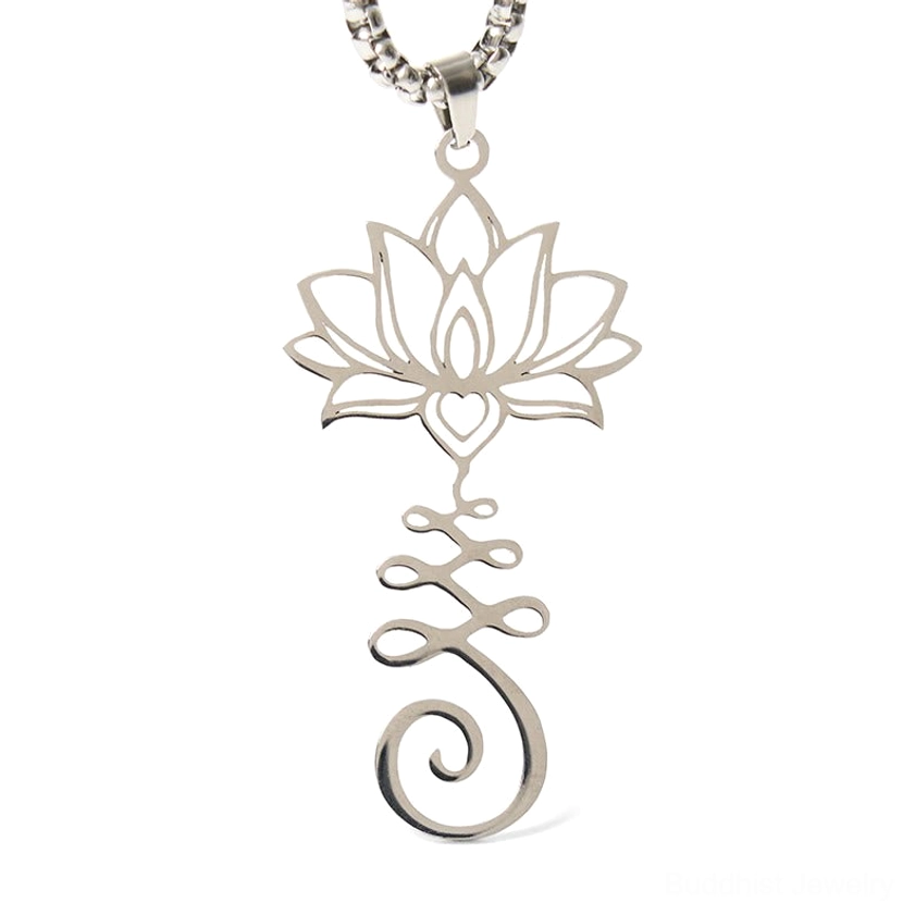 Front view of silver lotus enlightenment pendant on stainless steel chain displayed on pure white background