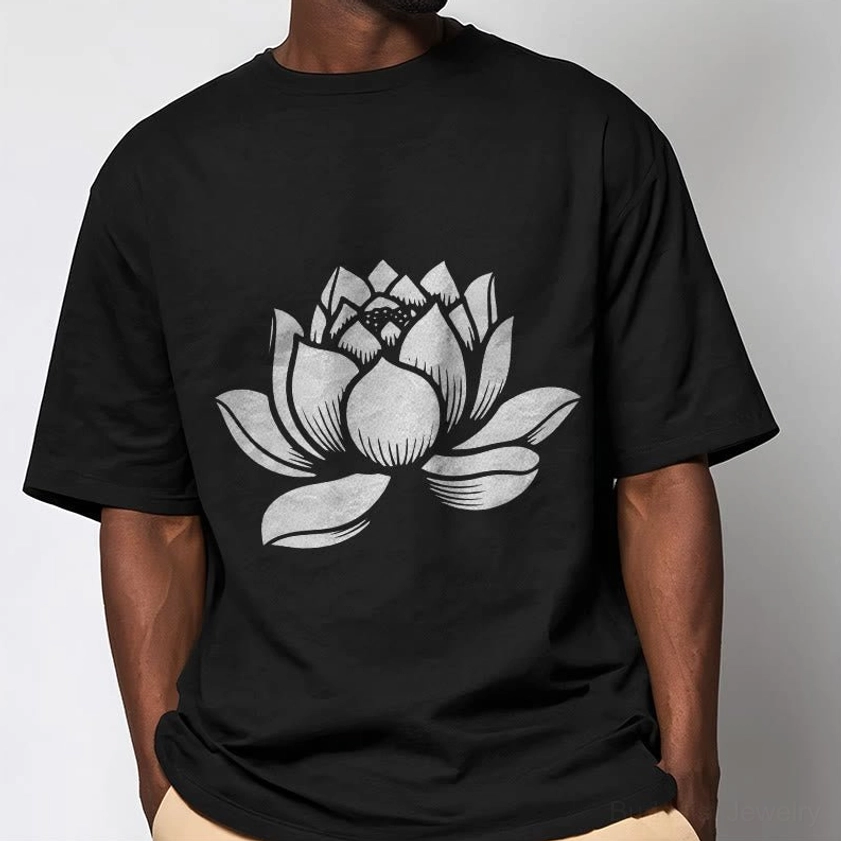 Model wearing black lotus Buddhist t-shirt close-up front showing detailed grey lotus print and relaxed cut