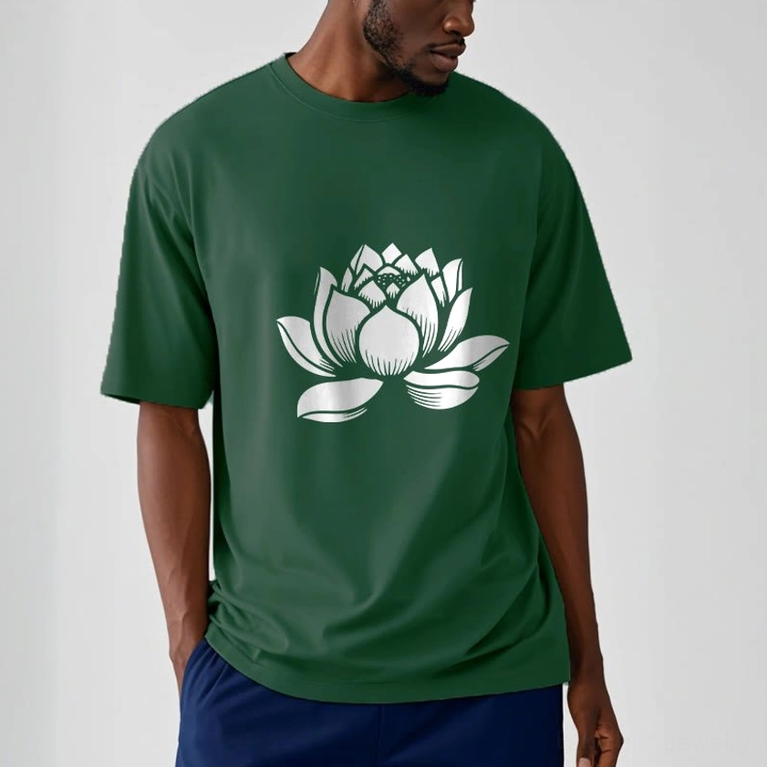 Model wearing dark green lotus flower Buddhist t-shirt front view showing relaxed unisex fit and crew neck