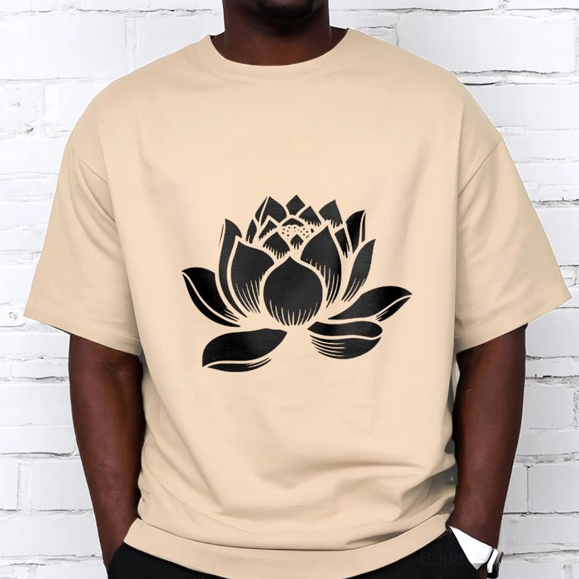 Light cyan Buddhist lotus t-shirt on model showing unisex fit and spiritual awakening design