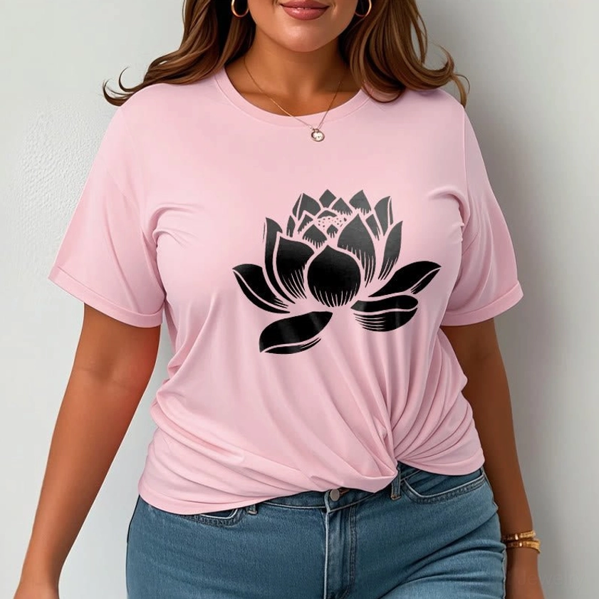 Light grey lotus flower Buddhist t-shirt on model displaying crew neck and short sleeve construction