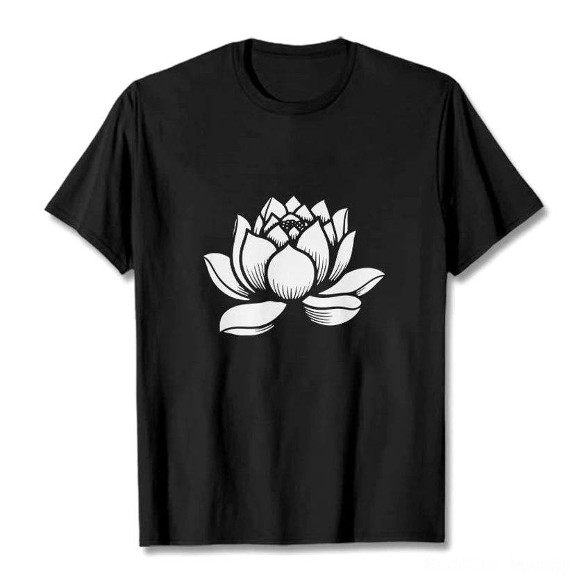 Black lotus flower Buddhist cotton t-shirt flat lay with white-grey lotus graphic design