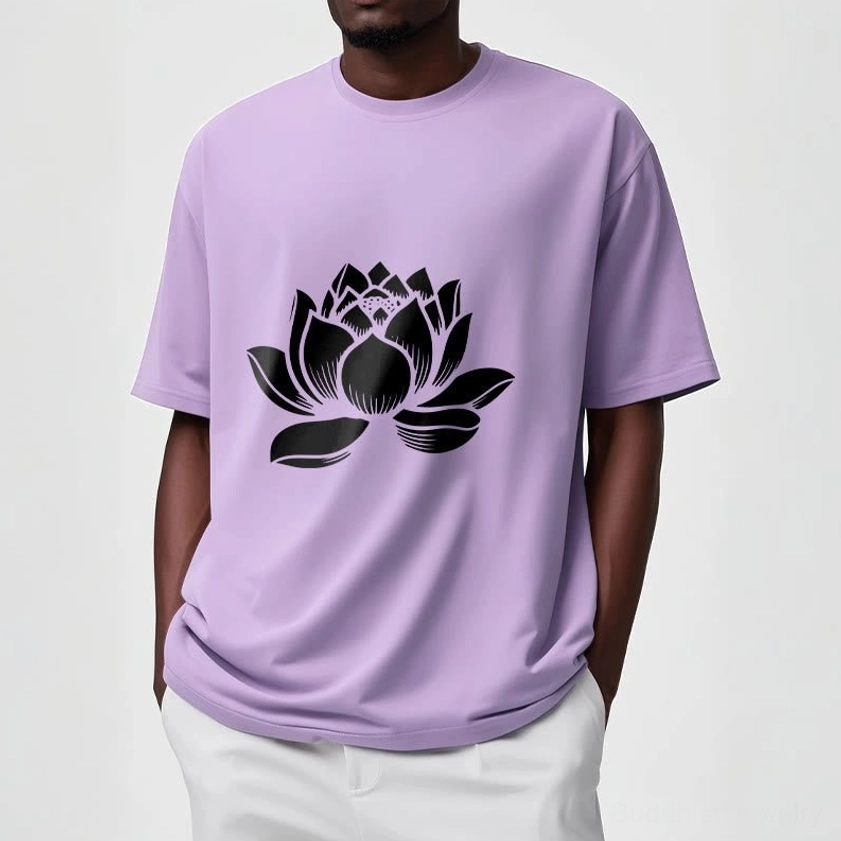 Multiple lotus flower Buddhist t-shirts in different colors showing versatile design options