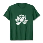 Lotus flower Buddhist cotton t-shirt flat lay front view with white lotus print on dark green base