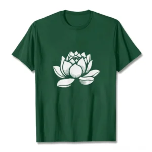 Lotus flower Buddhist cotton t-shirt flat lay front view with white lotus print on dark green base