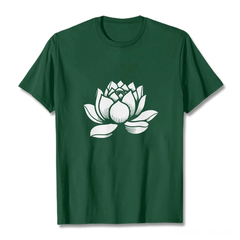 Lotus flower Buddhist cotton t-shirt flat lay front view with white lotus print on dark green base