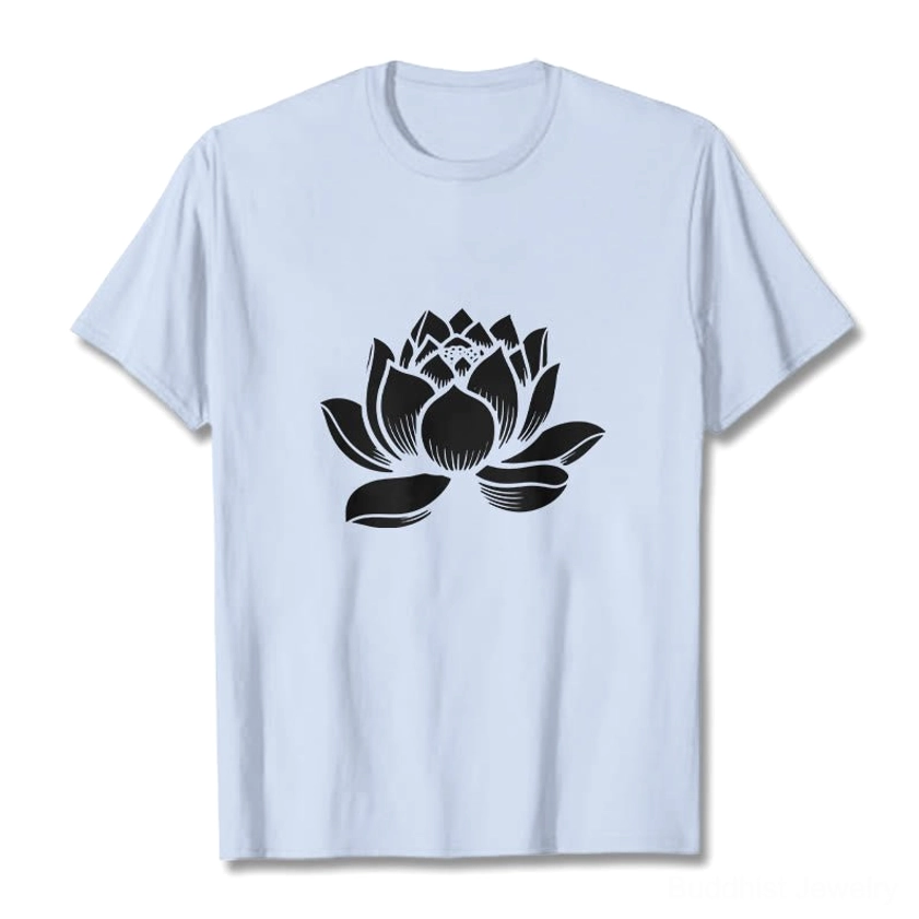 Light cyan lotus flower Buddhist cotton t-shirt close-up showing fabric quality and print clarity
