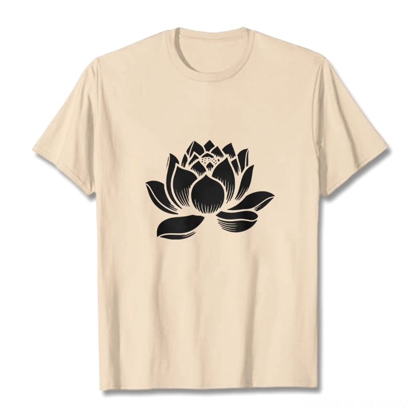 Light cyan lotus flower Buddhist cotton t-shirt flat lay with crew neck and short sleeves