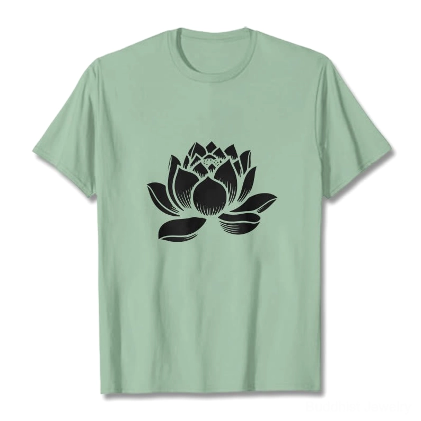 Light grey Buddhist lotus cotton t-shirt flat lay showing neutral color and classic unisex design