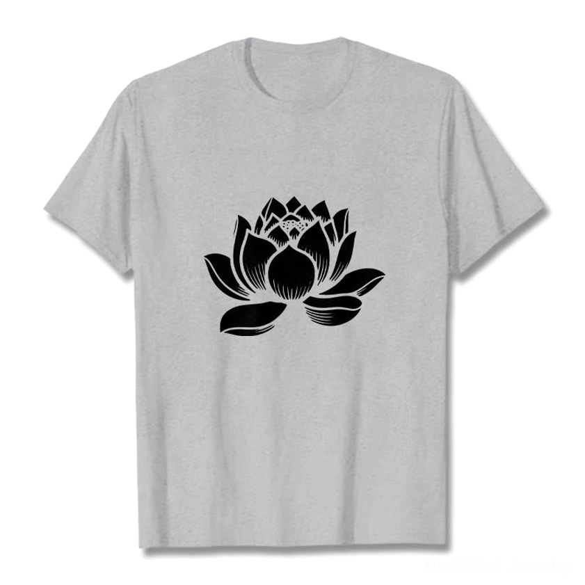 Light grey lotus flower Buddhist t-shirt styled on model demonstrating everyday casual spiritual wear