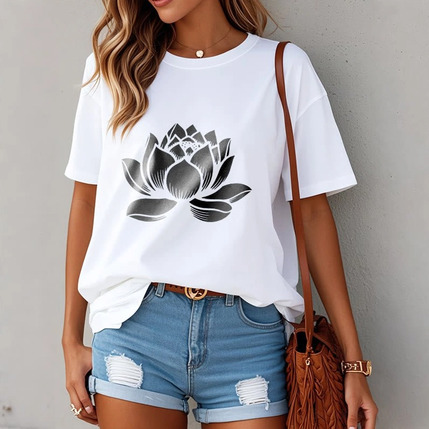 Lotus flower Buddhist t-shirt detail shot showing high-quality print and cotton fabric texture