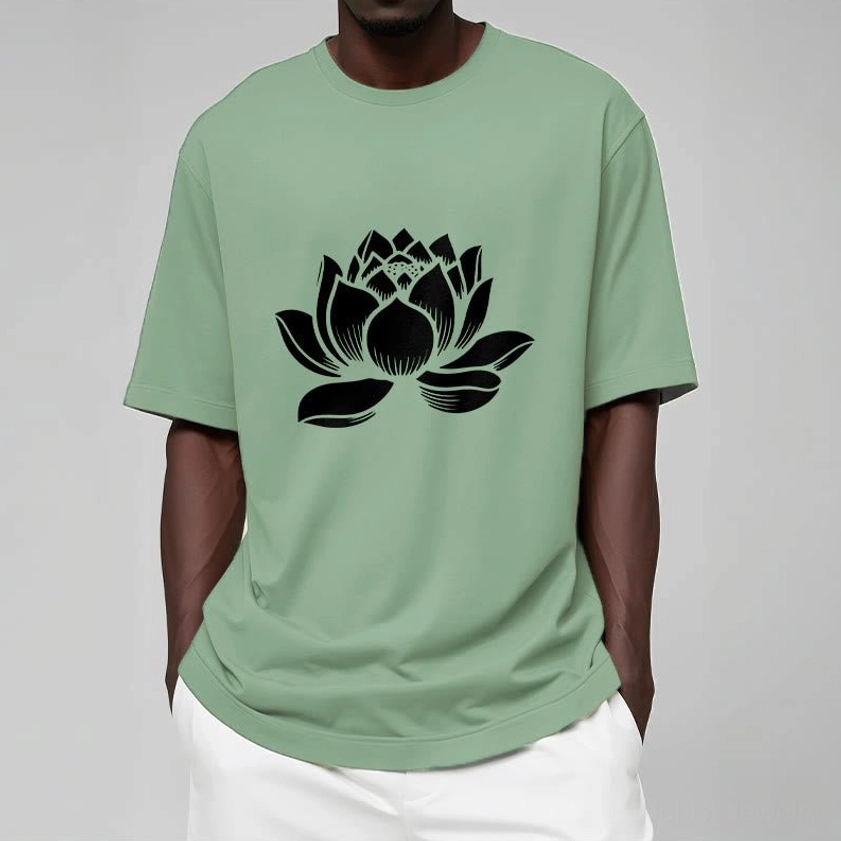 Lotus flower Buddhist t-shirt sleeve detail showing print quality and soft cotton fabric comfort