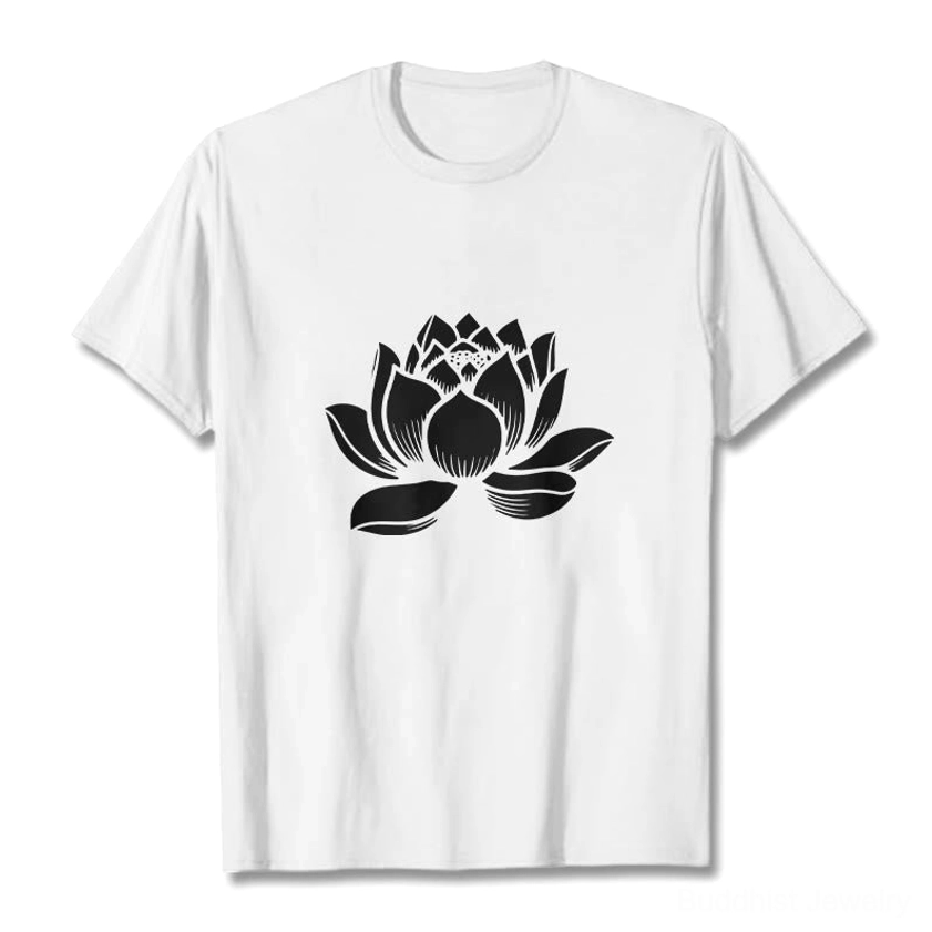 White cotton lotus flower Buddhist t-shirt flat lay with black lotus print design crew neck