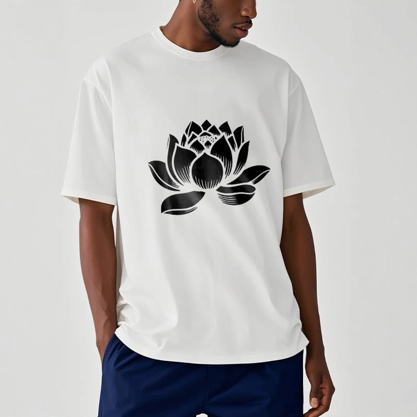 Male model wearing white lotus flower Buddhist t-shirt with black lotus print showing casual relaxed fit