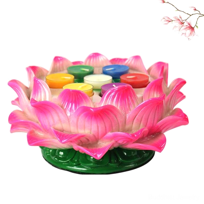 Large 7-cup lotus candle holder in pink ceramic with green base holding seven colored tealights, front top view with flower branch decoration