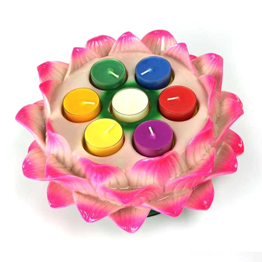 Overhead top-down view of 7-cup lotus candle holder in pink ceramic showing seven tealight slots arranged in lotus petal pattern, white background
