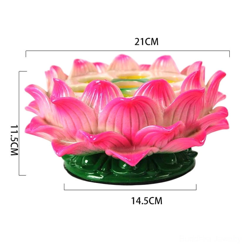 Large multi-cup lotus candle holder in pink ceramic with green carved base and gold trim accents, dimension markings visible, front static view