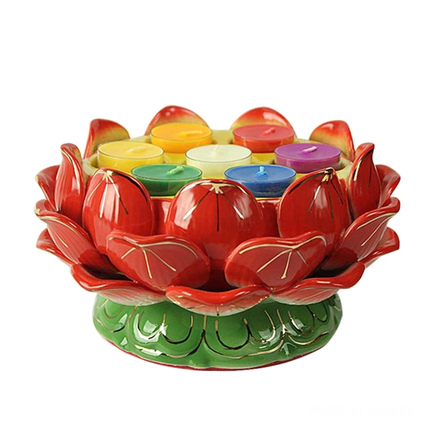 Large red gradient lotus candle holder with green base and gold trim holding multiple colored tealights, front static view on white background