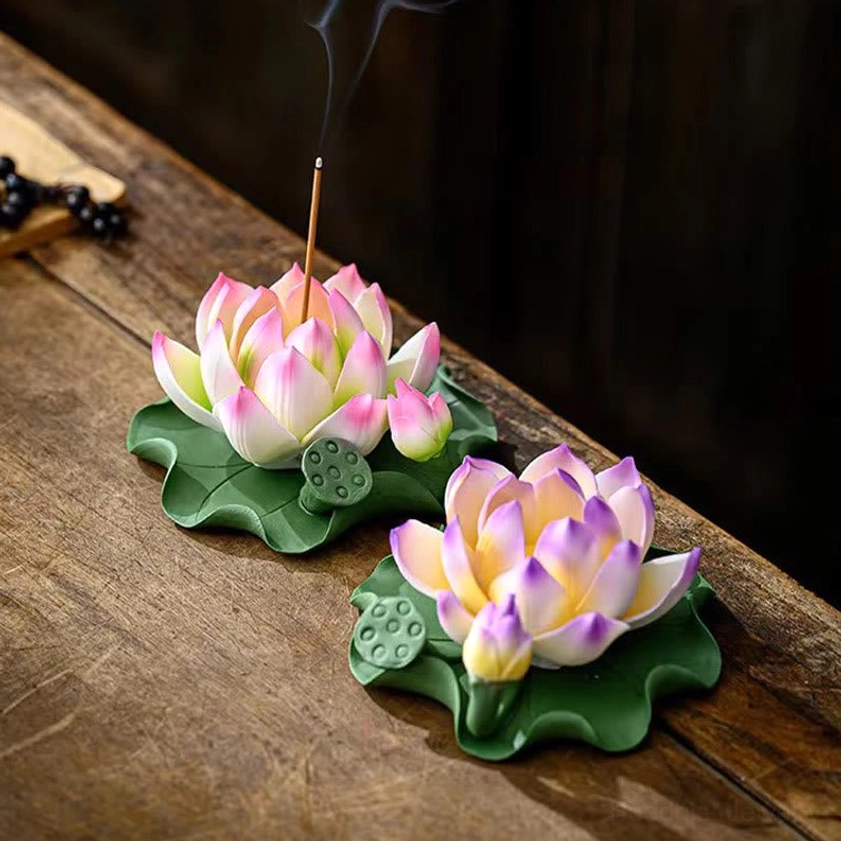 Artisan lotus ceramic incense burner for meditation and Buddhist spiritual practice