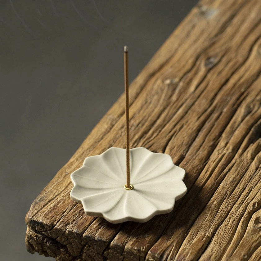 Lotus ceramic incense burner with ribbed petals and metal incense pin for Buddhist meditation practice