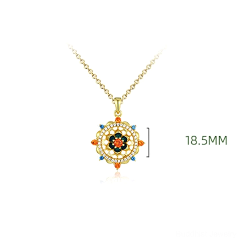 Sterling silver lotus flower pendant with brilliant colorful zircon trim, spiritual Buddhist necklace charm