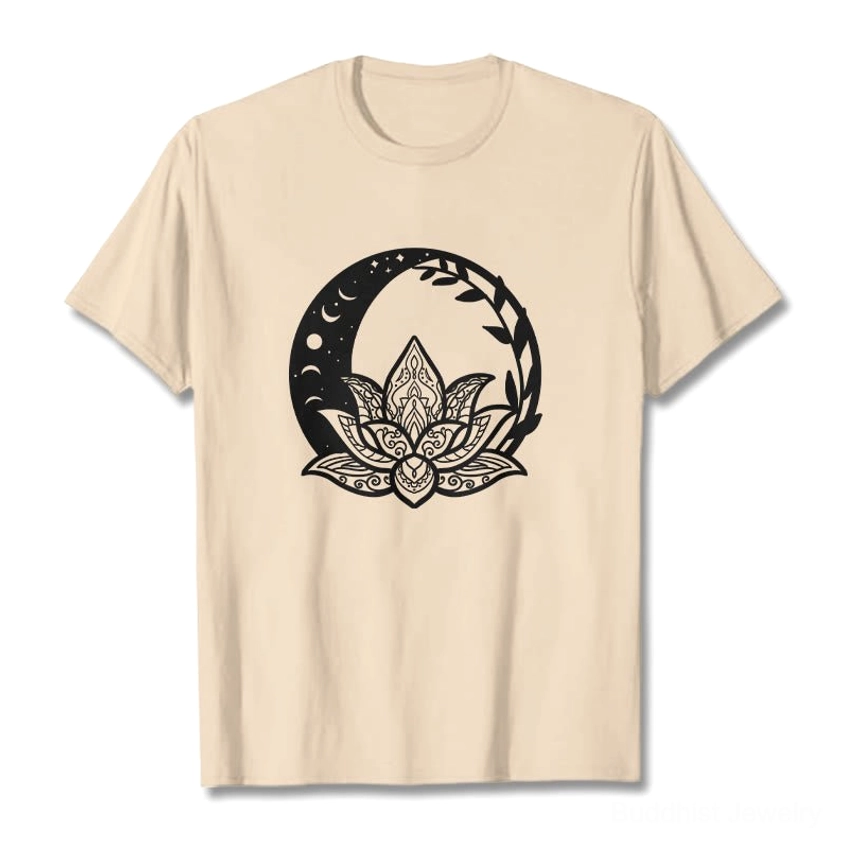 Tan beige Buddhist t-shirt black boho lotus crescent mandala print flat lay studio