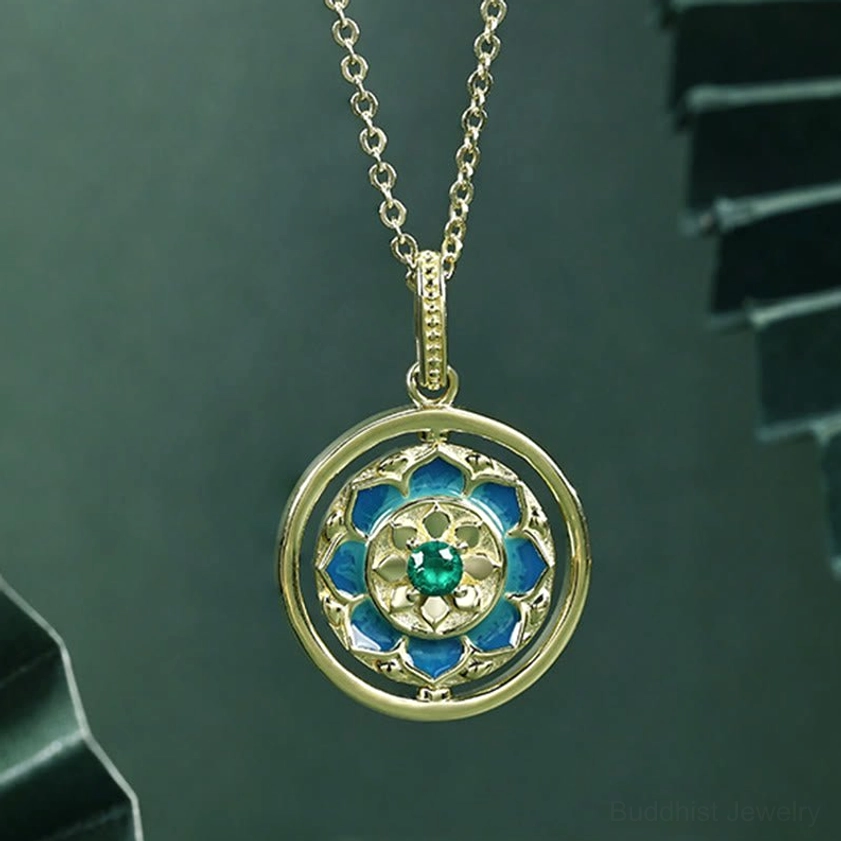 Dual-sided pendant size comparison showing lotus and cross designs, 18.5mm diameter