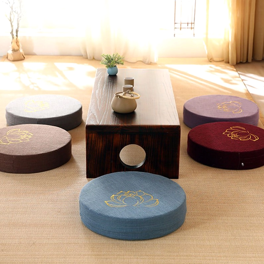 Round meditation floor cushions high-angle sunlit tatami room multiple colored options gold lotus embroidery