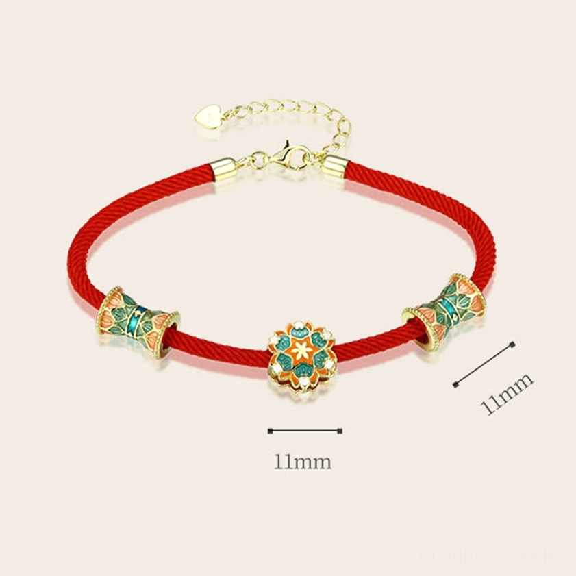 Sterling silver lotus drum blessing bracelet for new beginnings with sacred red cord